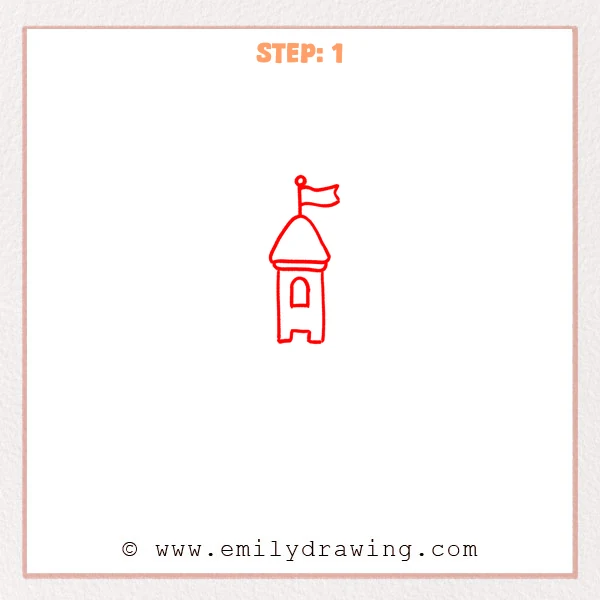 how to draw a cartoon castle - A simple cartoon castle tower with a rounded roof, small flag on top, an arched window, and an arched entrance cut-out.